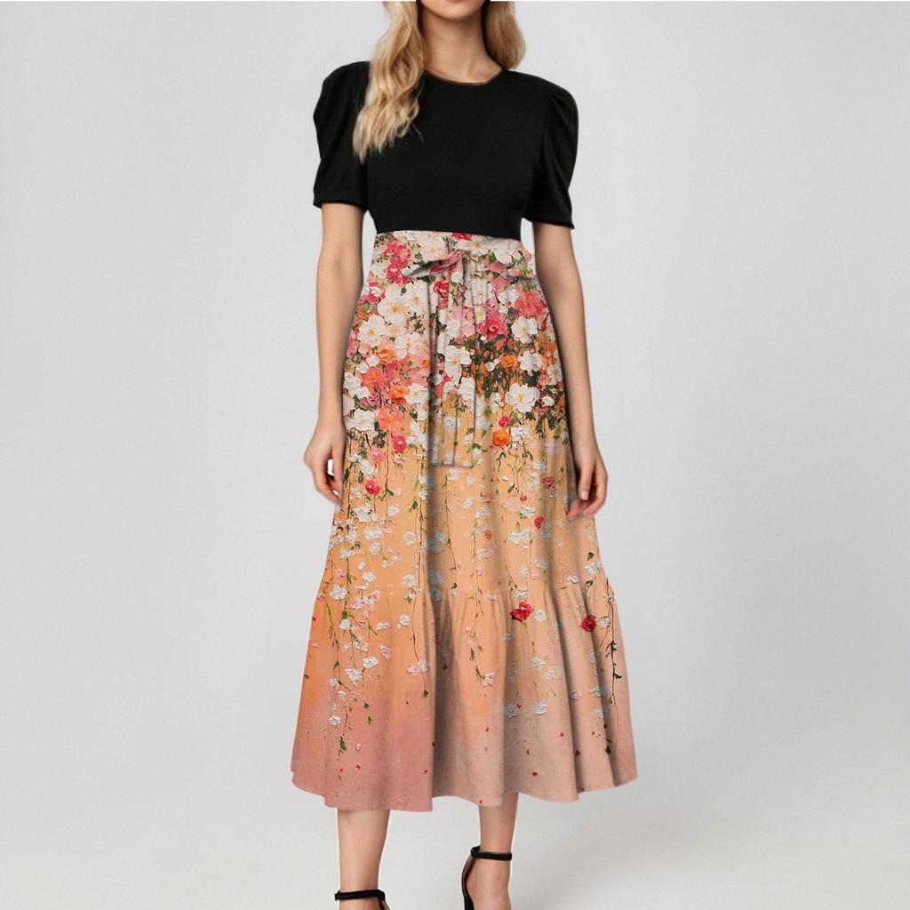 Women's Fashion Casual Belt Short Sleeve Round Neck Floral Stitching Elegant Temperament Dress