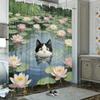 Oil Painting Black And White Cat In Pond With Water Lilies & Fireflies Waterproof Shower Curtain For Bathroom Decor