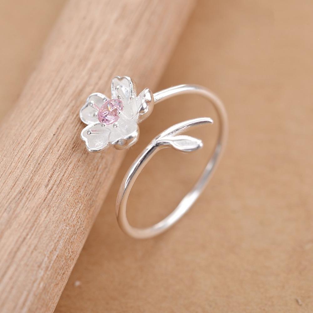 Women Floral Ring Silver Adjustable Band Purple CZ Stone Minimalist Dainty Fashion Jewelry Gift
