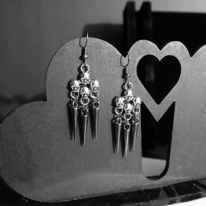 Silver Skull and Spikes Pendant Earrings