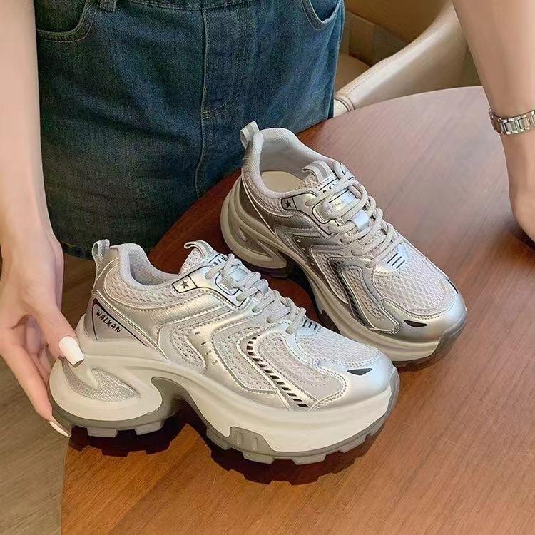 Mesh thick-soled silver women's shoes autumn breathable height increase casual sports shoes