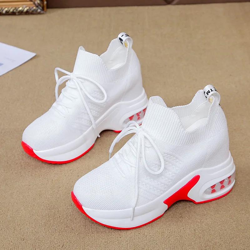 

мода новинка весна лето вязание мода кроссовки женские скрытые каблуки повседневная обувь женские дышащие кроссовки на платформе танкетка белые туфли 40 белый