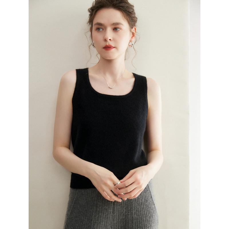 Little Goat 100% Pure Cashmere Women's Knit Vest - Baby Cashmere Warm Camisole, 12 Gauge, Plain Crew Neck