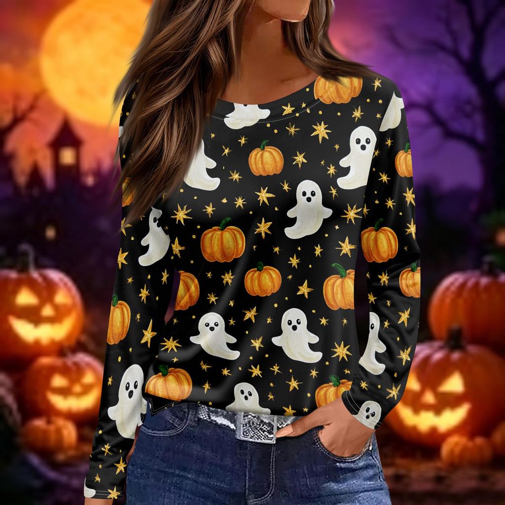 Women's Long Sleeve Halloween Print Top Split Hem Casual Pullover Round Neck Shirt Lightweight Comfortable Fit