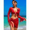 Sexy Mesh 4 Piece Bikinis Set Women Red Black Flare Long Sleeve Cover Up with Skirt Swimsuit Beach Holiday Bathing Suit Swimwear