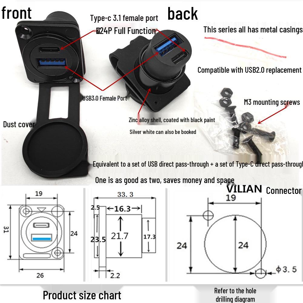 USB Type D Panel Mount Waterproof Female Socket (USB 2.0/3.0) for Digital Data Transfer