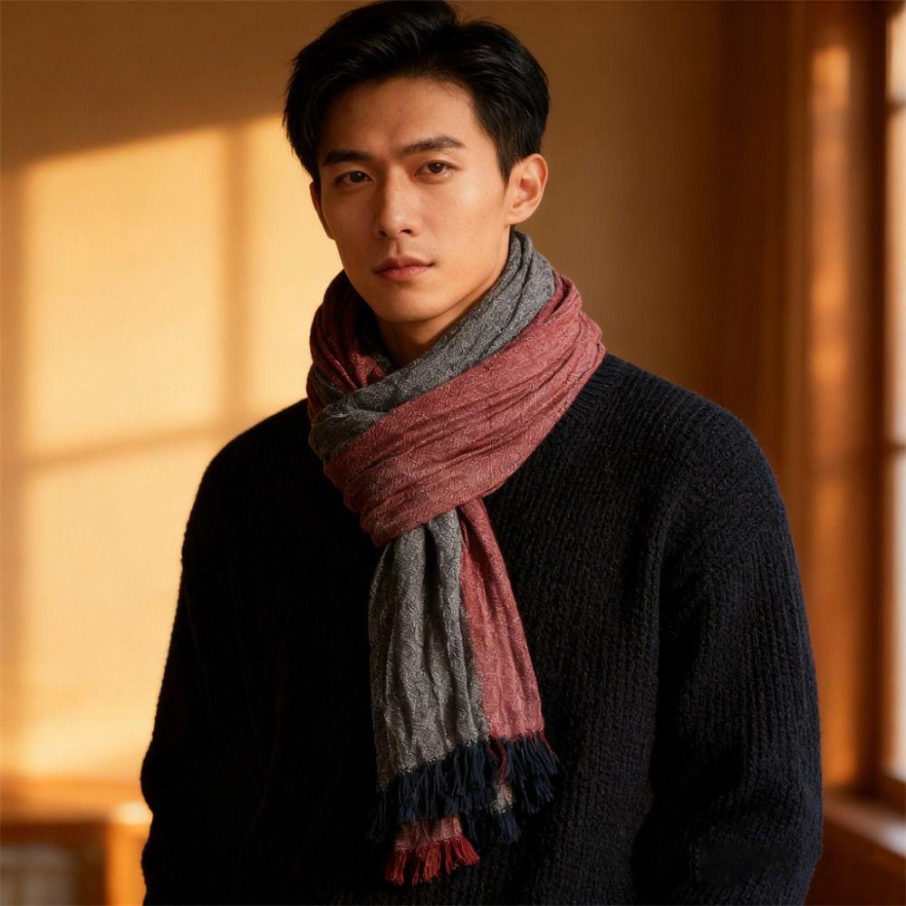 Striped Men's Scarves Cotton Linen Yarn-dyed Neckerchief  Wrap Long Shawl  Autumn Winter Warm