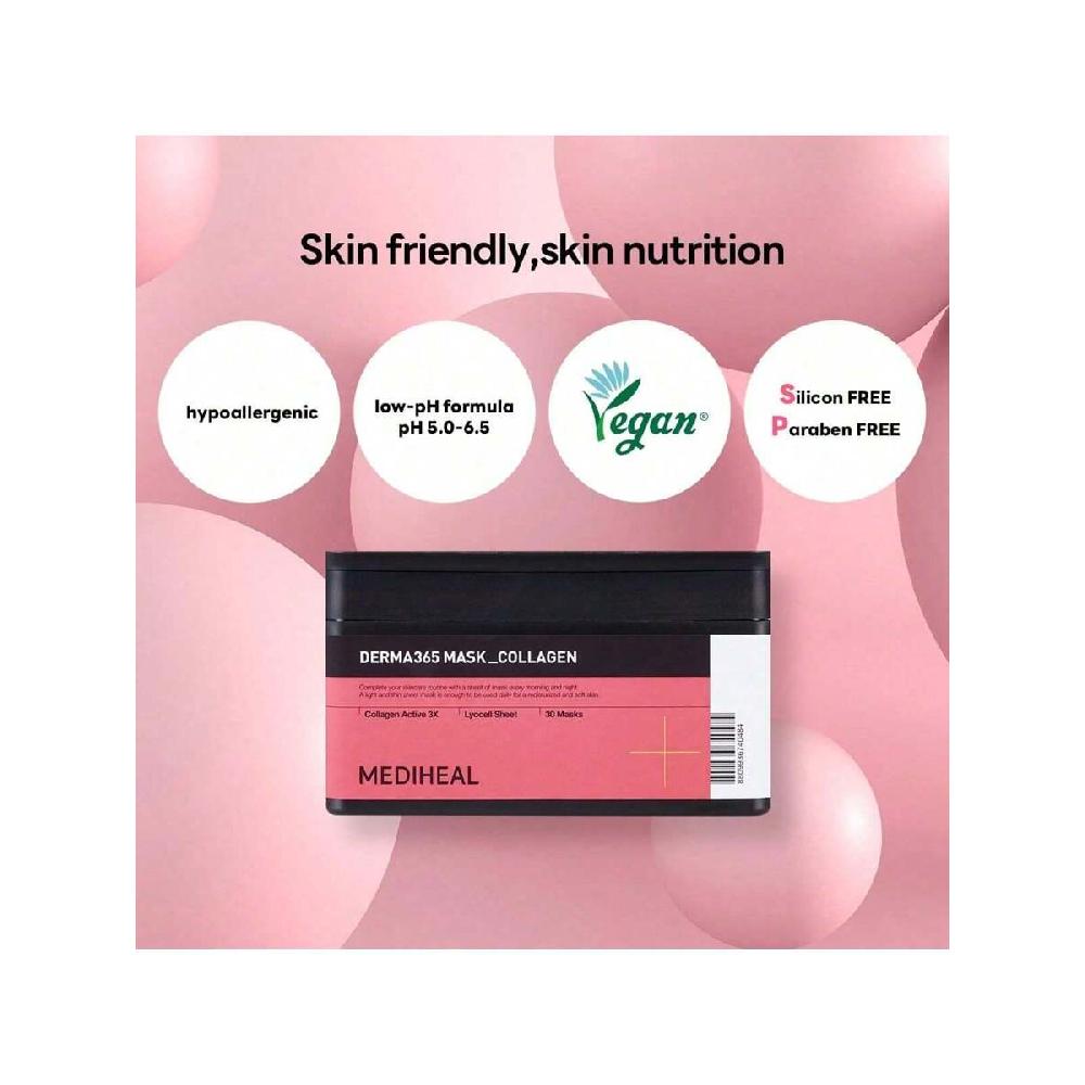 Mediheal Derma 365 Collagen Mask 30 sheets  Daily Skin Care Mask For Firm Moisturizing To Lift Skin With Collagen Active 3X