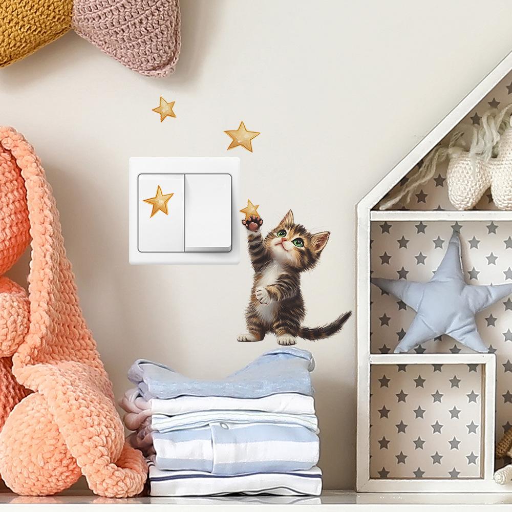 Cartoon Kitten Picking Stars Bedroom Living Room Switch Background Beautification Wall Stickers