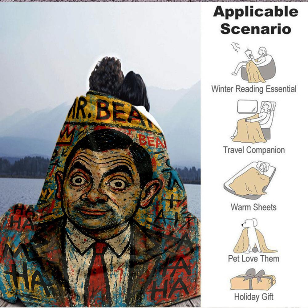 1pc Mr. Bean Art Flannel Throw Blanket HD Printed Lightweight Soft Warm All Season Blanket for Sofa, Bed, Travel, Camping Machine Washable