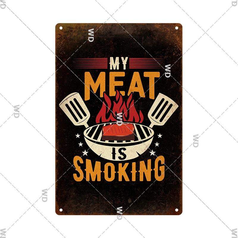 Dad's BBQ Party Metal Tin Plaque Retro Tin Signs Barbecue Rules Slogan Plate Vintage Grill Poster Yard Garden Kitchen Wall Decor