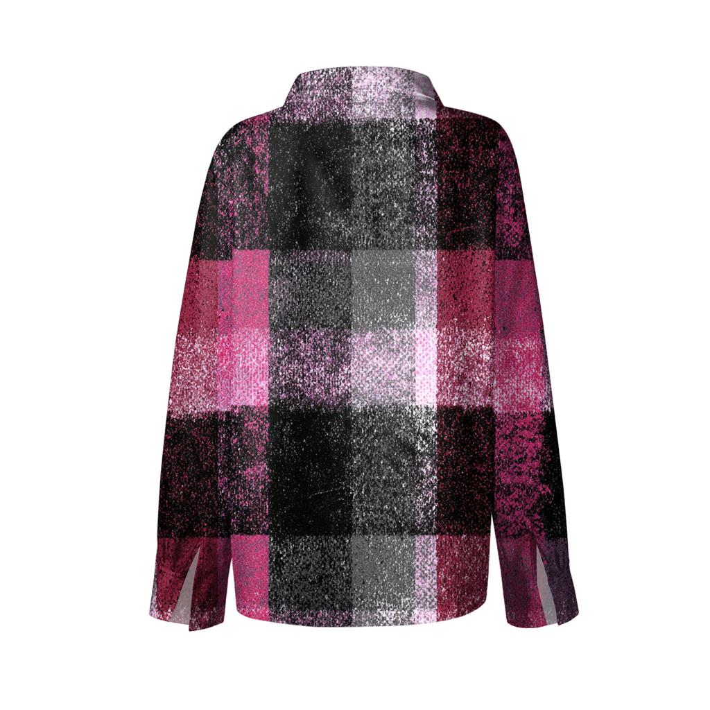 Women's Casual Fashion Plaid Print Half-Open Collar Long Sleeve Shirt