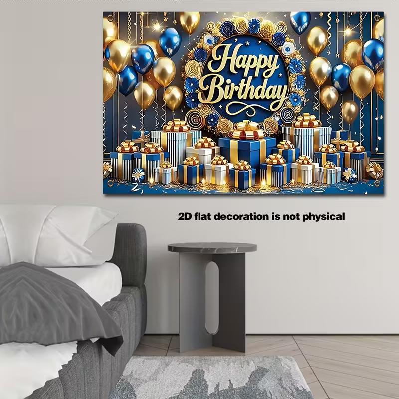 2D Blue Gold Birthday Banner Cloth Balloons and Gift Boxes Party Decoration