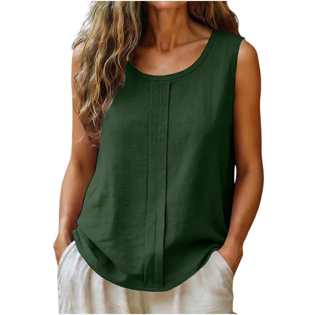 Women Sleeveless Linen Cotton Casual Tank Top Loose Fit Round Neck Lightweight Blouse for Summer Daily Wear