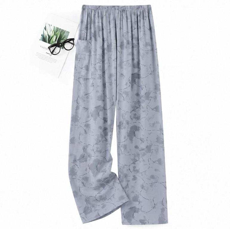 Summer men's cotton and silk pajama pants plaid home pants loose can be worn outside beach long pants youth artificial cotton