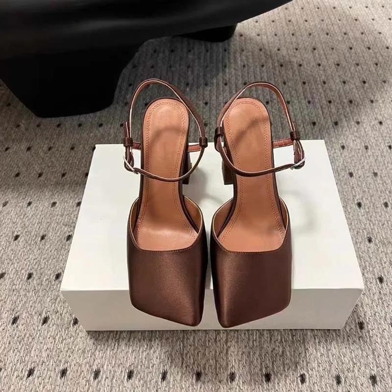 Fashion New Satin Mary Jane Fashion Sandals European American Women's Summer Square Head Thick Heel Shopping Commuting Style High Heels