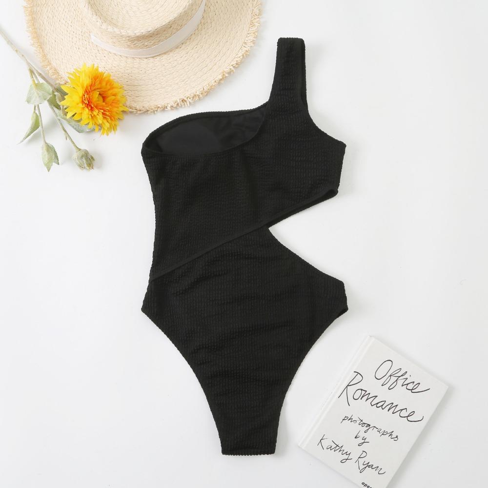 One-piece Triangular Swimwear Women's Wrinkled Cloth Fashionable One-shoulder Solid Color Waist Swimsuit