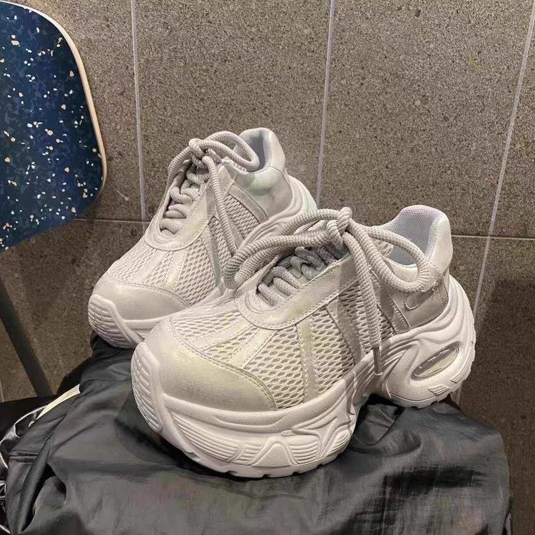 Mesh breathable thick sole heightening leather air cushion dad shoes women's retro polishing 2025 spring new sports and leisure shoes