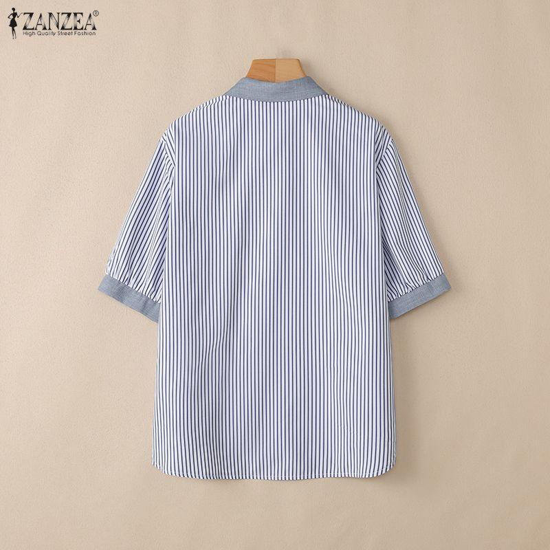 ZANZEA Women Casual Turn Down Collar Loose Short Sleeve Stripe Blouse