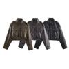 Γυναικείο Μπουφάν Bomber Oversized Κοντό Δερματίνη με Ψηλό Λαιμό Streetwear
