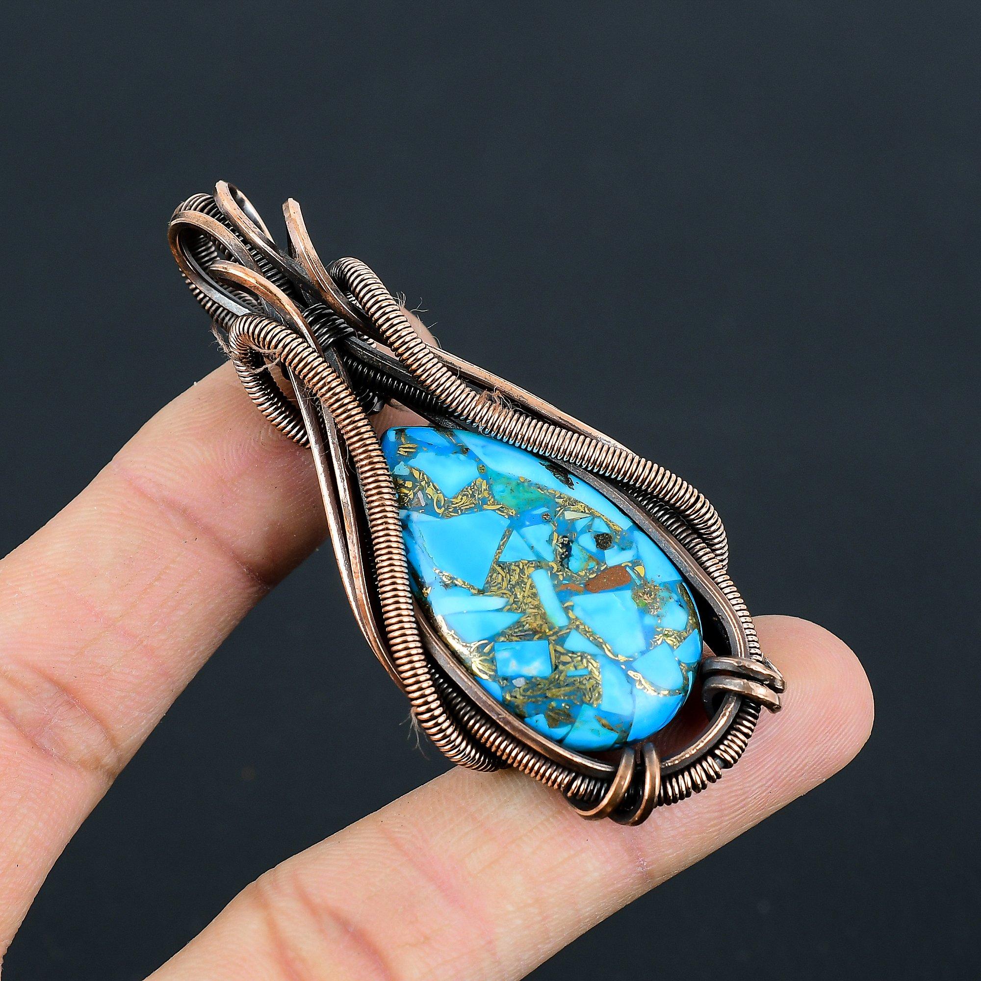 

Медный бирюзовый драгоценный камень ручной работы медная проволока обертка ювелирные изделия кулон для свадебного подарка 2.95 Inches синий