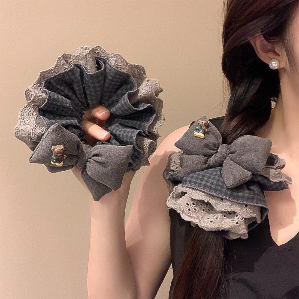 Checkered Bow Tie Bear Lace Hair Scrunchie Bear Elastic Hair Band Hair Accessory Ponytail Styling
