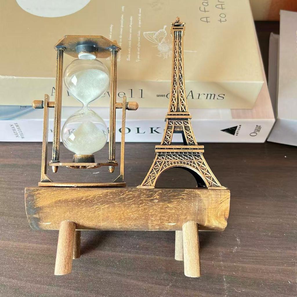Retro Eiffel Tower Hourglass with Wooden Base - Modern Home Decor Ornament
