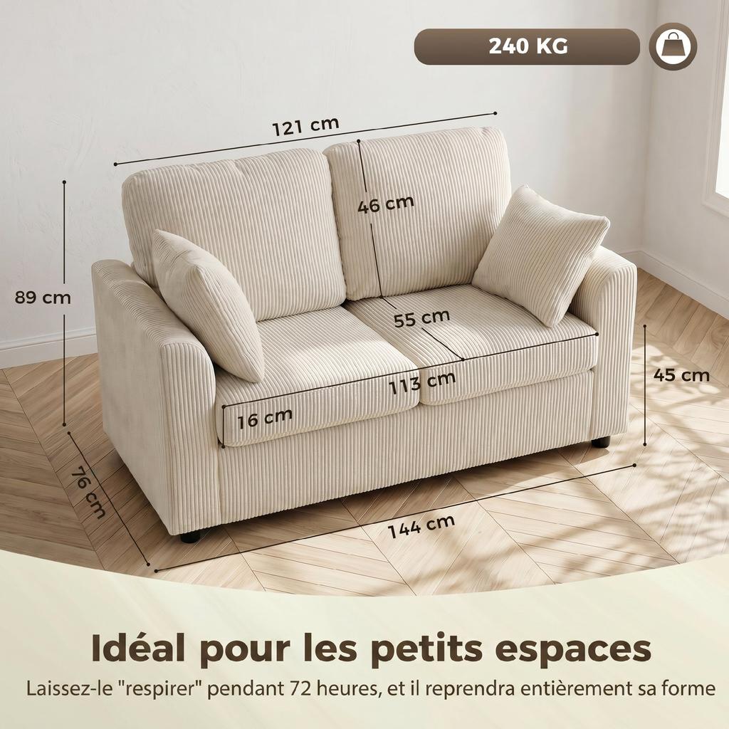 Corduroy Sofa, 2-Seater, 144 cm Wide, Wide Padded Seat, 2 Cushions, Beige