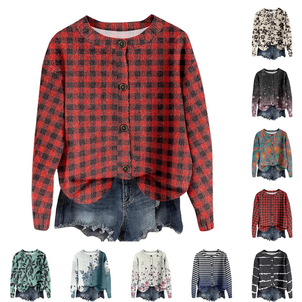 Women's Vintage Knit Button Vintage Floral Stripe Print Cardigan Jacket