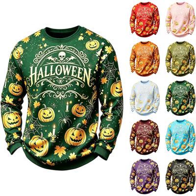 Men's Casual Round Neck Long Sleeve Top with Halloween Print