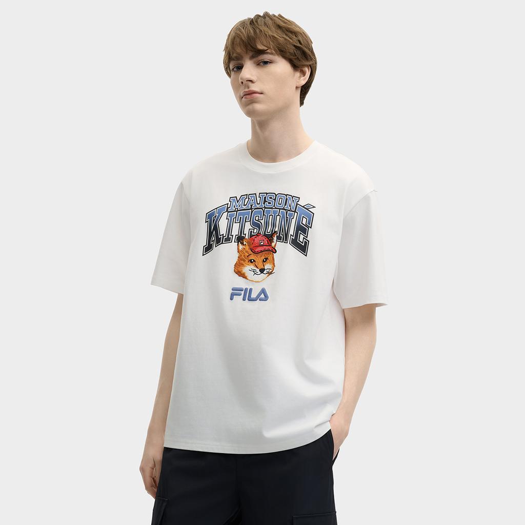Fila X Maison Kitsune Fox Head Trendy Casual Sports T-Shirt Unisex Tops Cloud-White F11U529102F-WT