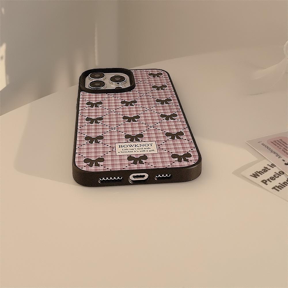 Korean-style Bowknot Plaid Phone Case for iPhone 16, 17 Pro Max, Sweet 11, Suitable for iPhone 15, Leather 13, Winter