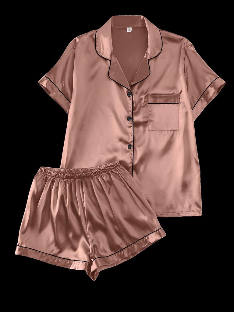 European Summer Ice Silk Pajama Set: Casual, Solid Color, Short Sleeve & Shorts, Breathable Comfort.