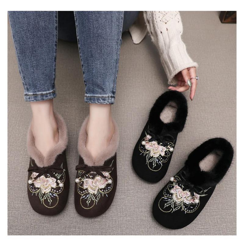 Womens Embroidered Fleece Lined Warm Ethnic Style Casual Flat Cloth Shoes