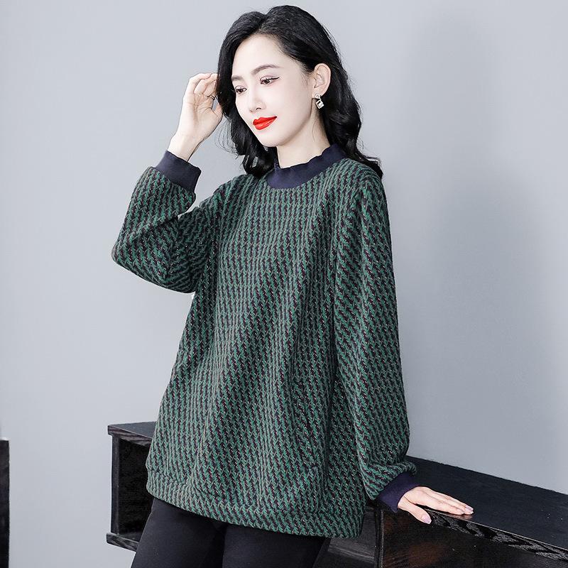 Plus Size Loose Jacquard T-Shirt Sweatshirt for 40-Year-Old Women - Warm, Versatile & Light