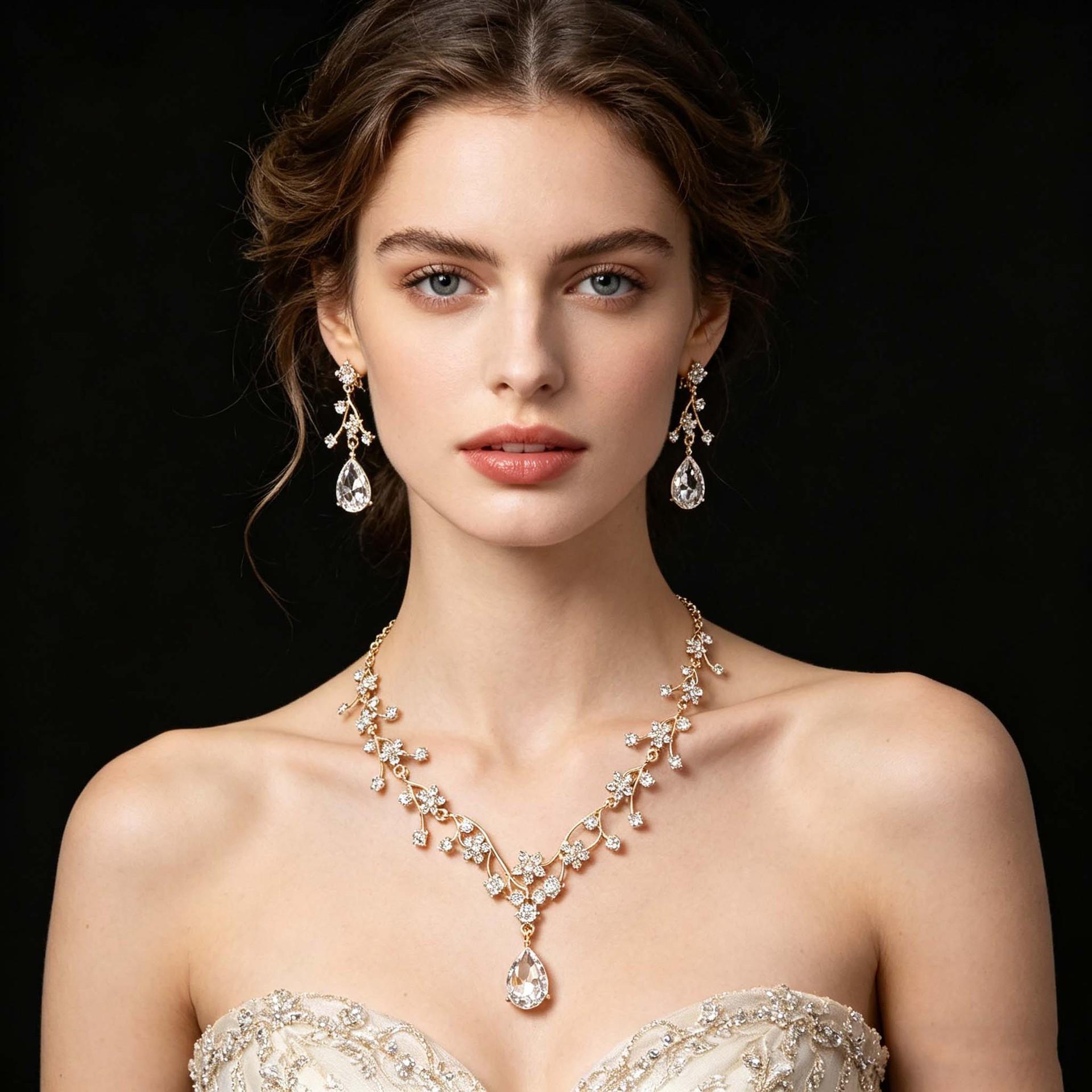 

2026 Temperament Bridal Flower Super Flash Necklace Earrings Set Light Luxury Clavicle Fashion Wedding Dress Accessories 45CM