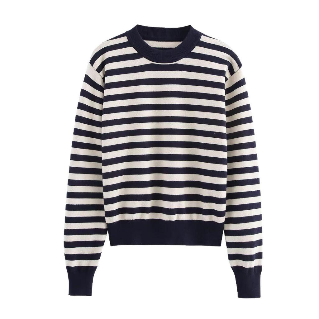 2025 Spring Women's Striped Knit Pullover Sweater - European & American Style, Versatile Round Neck, Long Sleeves
