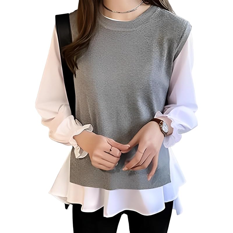 

[Nune] 2-piece set layered style blouse vest long sleeve layered docking shirt tops ladies spring autumn Going out everyday wear private clothes gray