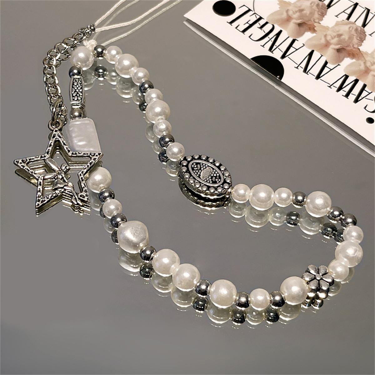 

Korean Cute White Bead Flower Star Beaded Pendant Phone Strap Charm For iPhone Samsung Universal Girl Accessories Chain Lanyard