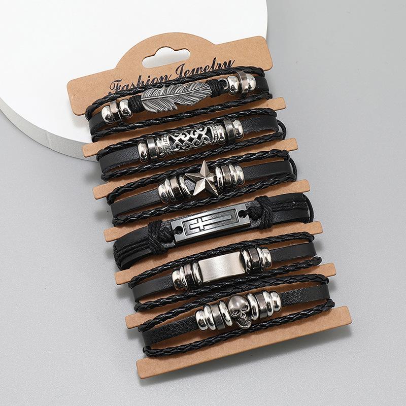 Vintage Punk Style Woven Leather Bracelet DIY Fashion Bangles with Feather Cross Accessories for Men
