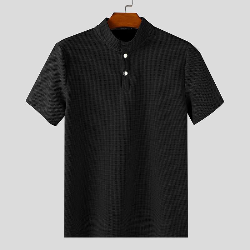INCERUN Men Stand Neck Short Sleeve Solid Color Waffle Texture Casual Henley T-shirts Tops