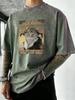Retro Styled Cat Calling Out Print Washed TShirt Men Summer Vacation Clothing Casual Crewneck Tee Shirt Loose Cotton Streetwear