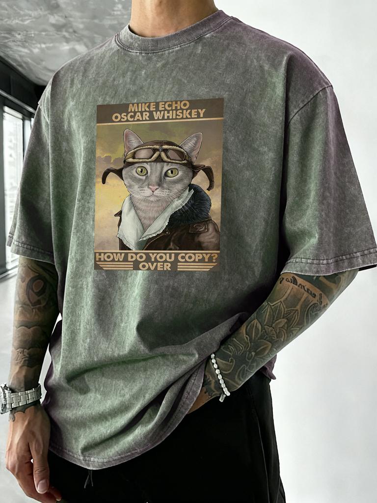 Retro Styled Cat Calling Out Print Washed TShirt Men Summer Vacation Clothing Casual Crewneck Tee Shirt Loose Cotton Streetwear