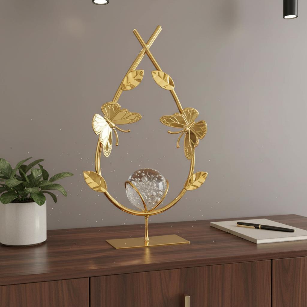 Crystal Ball Decor Elegant Luxury Desk Sculpture Gold Flower Ornament Gift Idea Leaf Sculpture Shiny Finish for Living Room