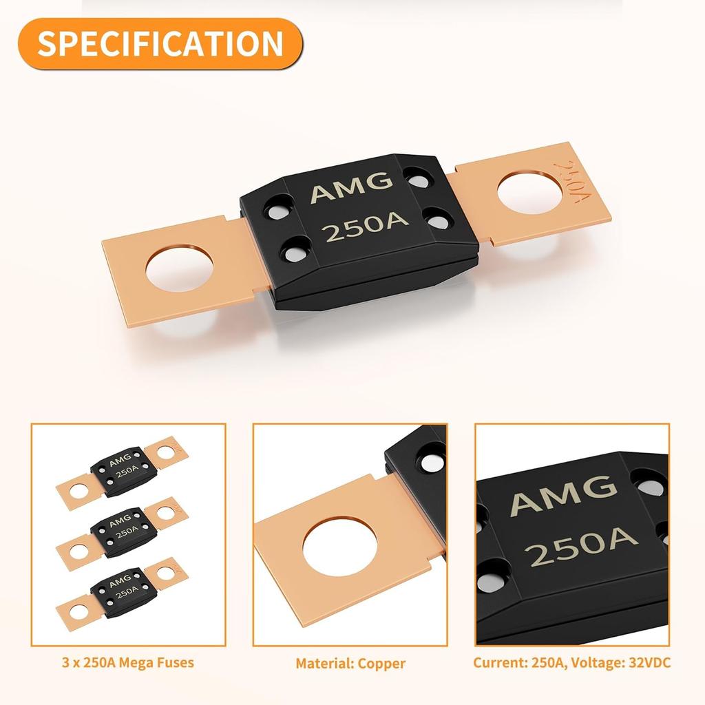 Joinfworld 250A MEGA Fuse, High Current Bolt Mount Automotive 250 Amp MEGA/AMG Fuse for Cars, Trucks, Construction Vehicles, Buses, Caravan Cars,