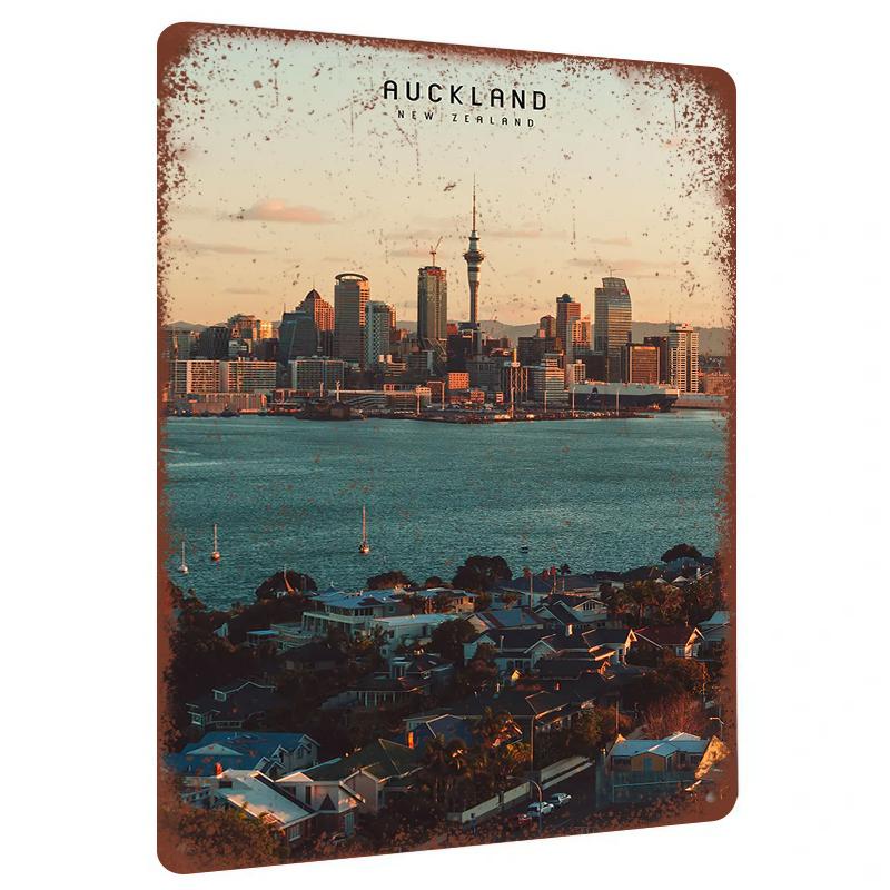 

Auckland City Skyline Metal Wall Art New Zealand Landscape Home Decorative Painting Mural 20x30cm（7.8x11.8inch）
