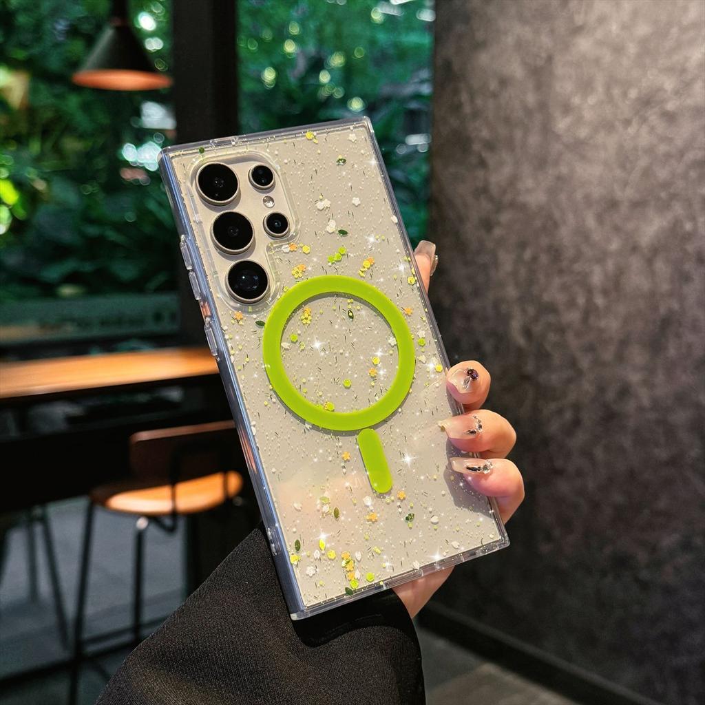 Suitable for Samsung S25 Ultra Mobile Phone Case N52 Magnetic Absorbing S24FE Leaf Flash Powder Four Corner Anti Fall Protection Case