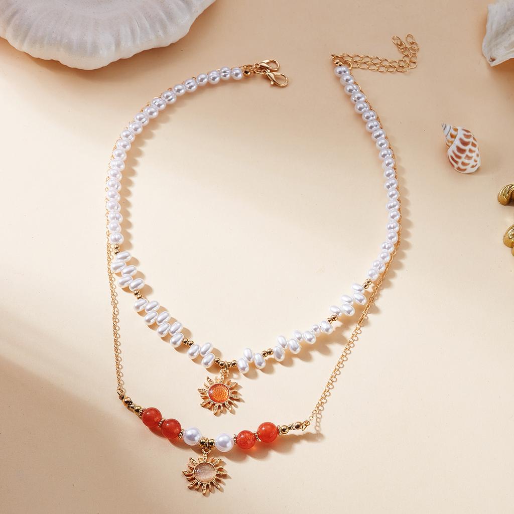 Jewelry 2-piece set: Cross-shaped faux pearl necklace set, personalized and simple handmade beaded choker for women