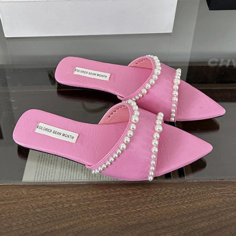 Fashion Women Pointed Toe Slippers Flats Shoes Casual Fashion Dress Shoes Woman Sandals 2025 Summer Trend String Bead Chaussures Femme