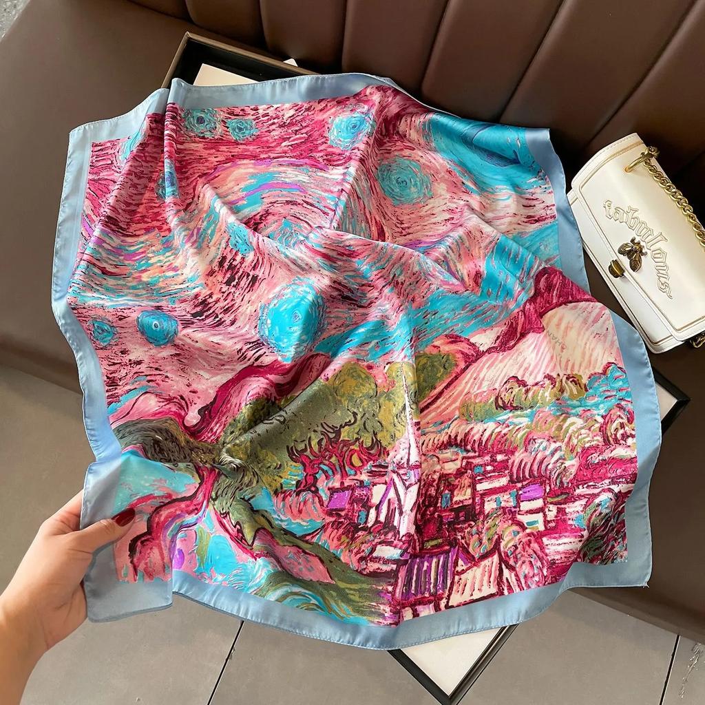 Fashion 70*70 Cm New Designer Women Scarf Houndstooth Silk Print Wrap Temperament French Luxury Ladies Handkerchief Headband